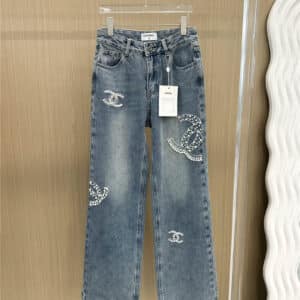 Chanel handmade pearl embroidery double C jeans