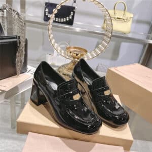 miumiu gold coin loafer patent leather high heels