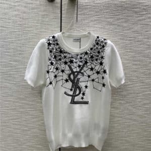 YSL embroidered star pattern knitted short sleeves