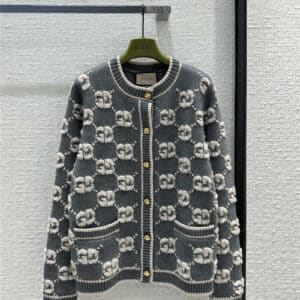 gucci gray and white jacquard knitted cardigan