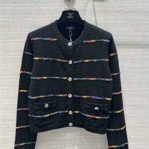 chanel colorful yarn intarsia striped round neck cardigan