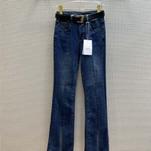 miumiu letter belt embellished flared slit jeans