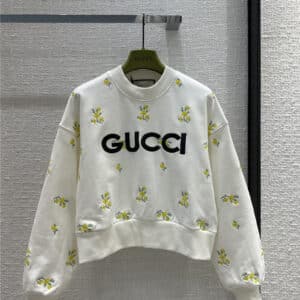 gucci small yellow flower embroidered crew neck sweatshirt