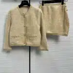 celine raffia woven gold button jacket + skirt set