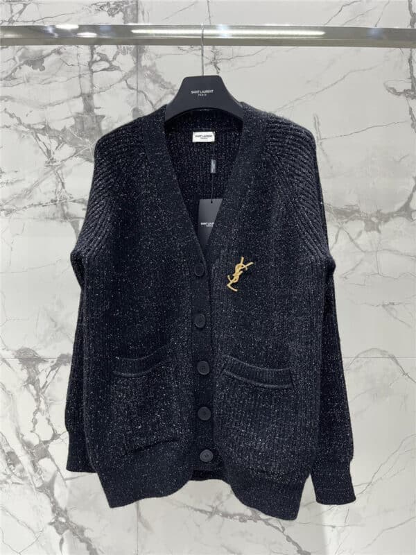 YSL silver starry V-neck knitted cardigan