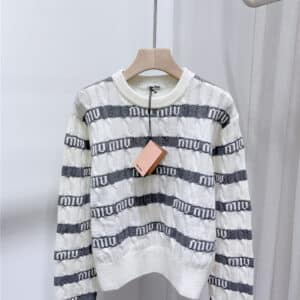 miumiu round neck contrast striped long-sleeved sweater
