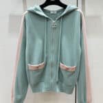 chanel pink and green contrast hemmed hooded zip cardigan