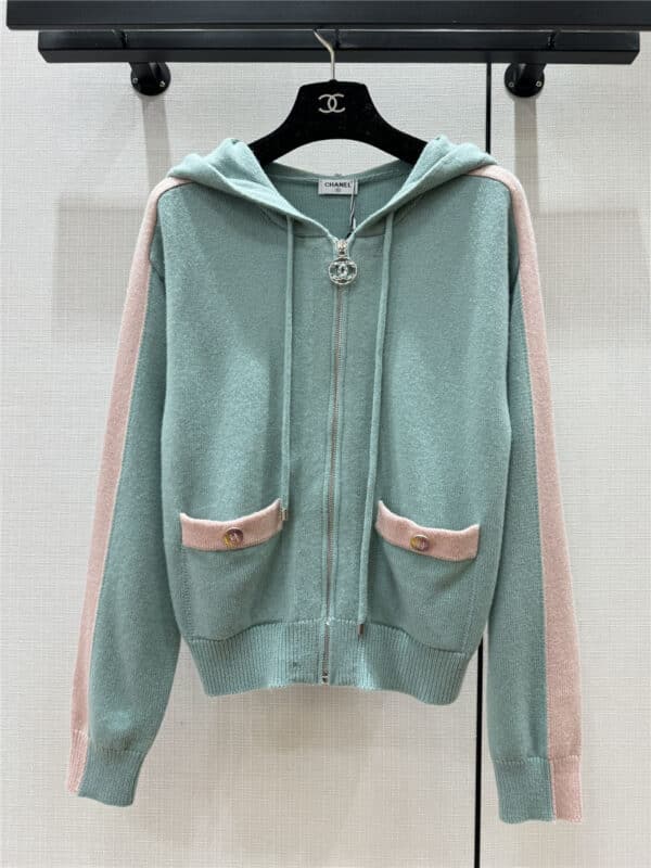 chanel pink and green contrast hemmed hooded zip cardigan