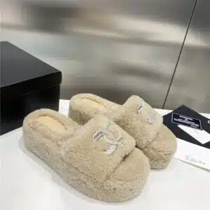chanel double c rhinestone thick sole fur slippers
