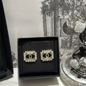 chanel square frame hollow double C diamond stud earrings