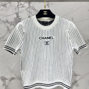 chanel new vertical striped short-sleeved crew neck sweater