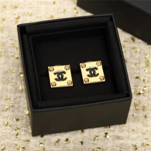 chanel square gold black double c stud earrings