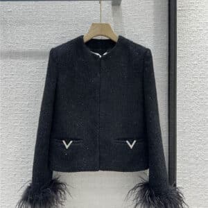 valentino feather sleeve glossy black tweed coat