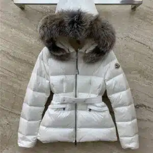 moncler hooded belted fur collar waisted down jacket