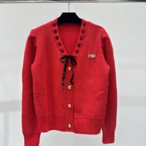 miumiu contrast letter bow knitted cardigan