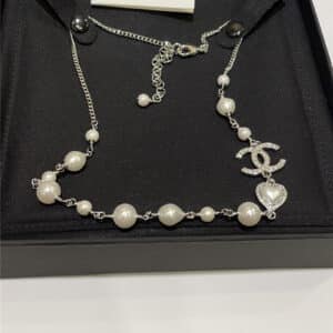chanel love diamond double C pearl silver necklace