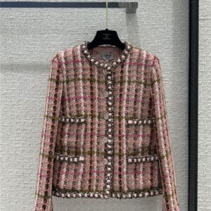 chanel pink and brown plaid tweed jacket
