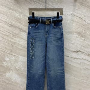 chanel belted side lettering jeans