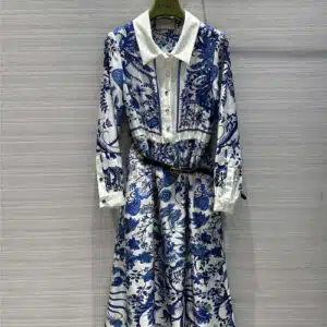 gucci blue and white porcelain positioning print silk shirt dress