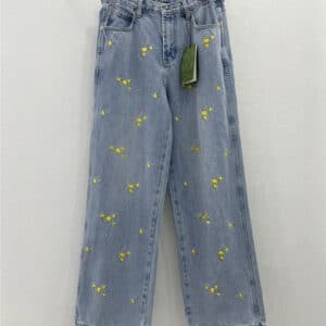 gucci new small yellow flower embroidered trousers