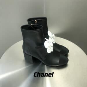 chanel thick heel camellia boots
