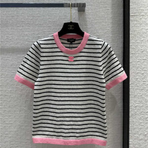 chanel pink edge striped round neck short-sleeved sweater