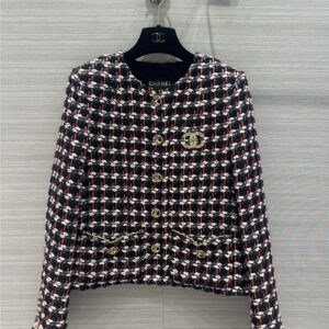 chanel red and blue checkered gauze short coat