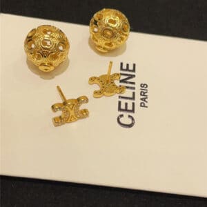 Celine Rhinestone Gold Arc de Triomphe Logo Ball Stud Earrings