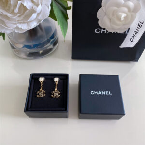 chanel white square chain black gold double c earrings